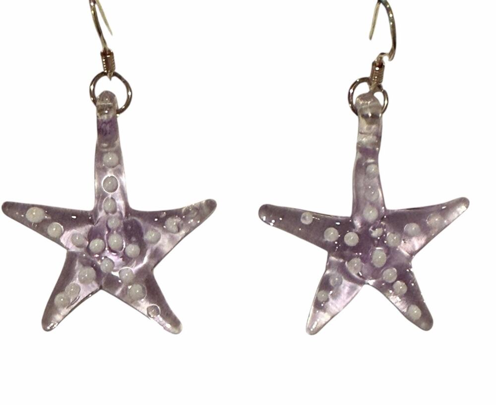 Sterling Silver 925 Blown Glass Purple White Starfish Dangle Earrings Pierced